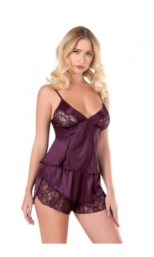 Primoda Mürdüm Saten Kumaş Tül Detaylı Babydoll Şort Takımı