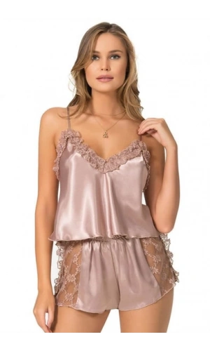 Primoda Vizon Saten Babydoll Şort Takımı