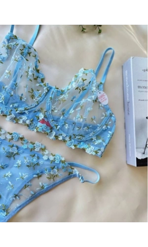 Arona Kadın Transparan C Cup Balenli Çiçek Desenli Mavi Sütyen Takımı - 137