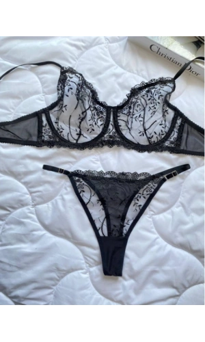 Arona Kadın C Cup Balenli Çiçek Desenli Siyah Sütyen Takımı - 136