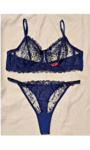 Arona Kadın C Cup Balenli Çiçek Desenli Lacivert Sütyen Takımı - 136