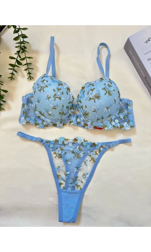 Arona Destekli Brode (Nakışlı) Mavi Sütyen Takımı