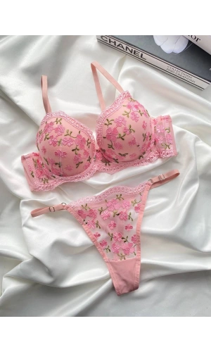 Arona Destekli Brode (Nakışlı) Pembe Sütyen Takımı - 170