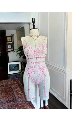 Arona Kadın Brode Kalp Desenli Şık Pembe Jartiyer Takımı - 281