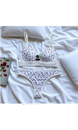 ARONA Kiraz Desenli Desteksiz Sütyen Takımı-Beyaz