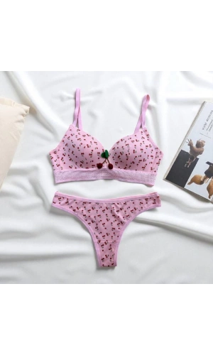 ARONA Kiraz Desenli Desteksiz Sütyen Takımı-Pembe