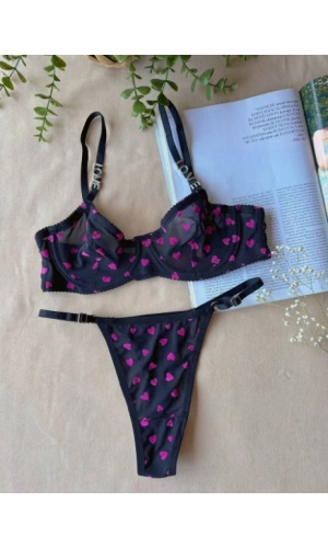 Arona Kadın Love Serisi Kalpli Brode İşlemeli Sütyen Takımı Siyah