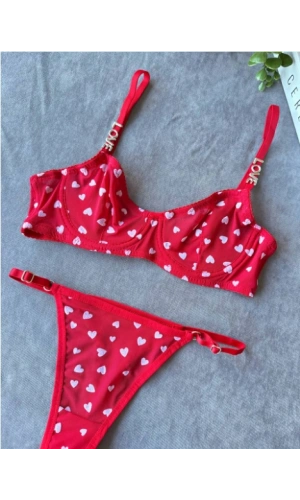 Arona Kadın Love Serisi Kalpli Brode İşlemeli Sütyen Takımı Kırmızı