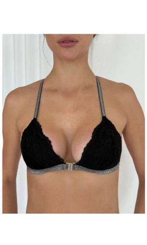 Arona Kadın Simli Kumaş Metal Klips Detaylı Siyah Sütyen