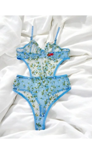Arona Kadın Çiçek Desenli Transparan Vücuda Oturan Mavi Bodysuit - 123