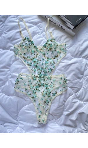 ARONA Transparan Çiçekli Desenli Bodysuit - Su Yeşili