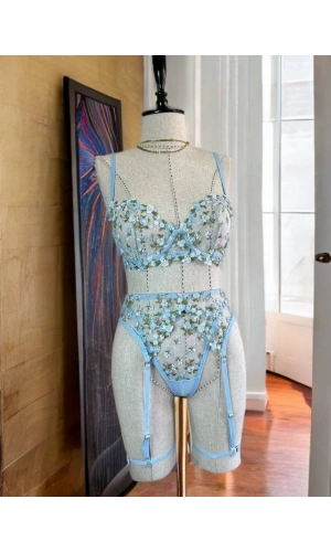 Arona Çiçek Nakışlı Brode Mavi Jartiyer Takımı