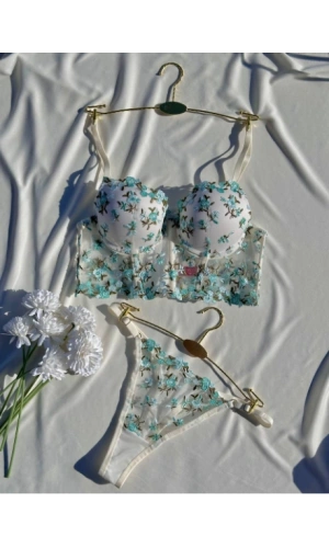 Arona Kadın Destekli Büstiyer Takımı Beyaz Üzeri Yeşil Çiçek Desenli