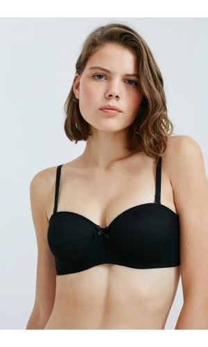 Belvü Mesh Kumaş İçi Boş Straplez Kadın Siyah Sütyen - 1220
