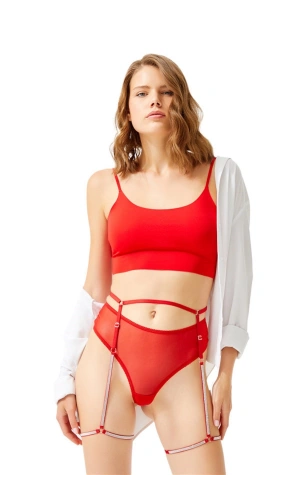 COTTONHİLL Kırmızı Ayarlanabilir Taş Detaylı  Külotlu Kadın Jartiyer