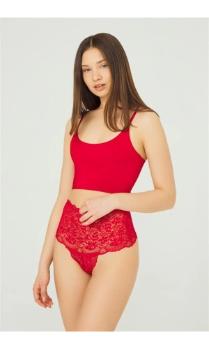 COTTONHİLL Dantelli Lastik Detaylı Yüksek Bel Kadın Külot-KIRMIZI
