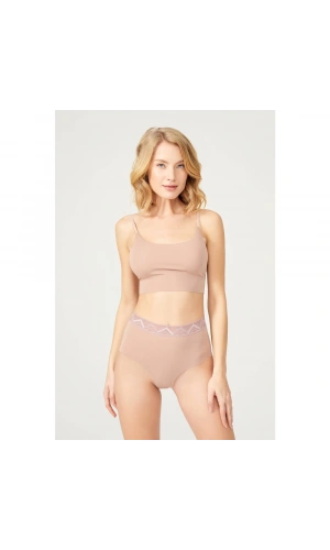 COTTONHİLL Desenli Lastikli Yüksek Bel Lazer Kesim Bikini Külot-KAHVERENGİ