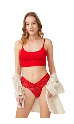 COTTONHİLL Dantelli Transparan Kadın Brezilya Külot-6076-KIRMIZI