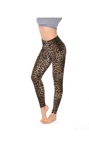 Kolcu Geniş Leopar Desenli Likralı Uzun Kadın Tayt - KB3005