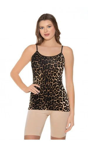 Kolcu Kadın Geniş Leopar Desenli Likralı İnce İp Askılı Premium Atlet