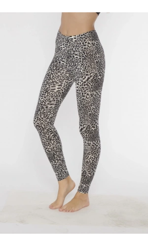 Kolcu Kar Leoparı Desenli Likralı Uzun Kadın Tayt - KB3005