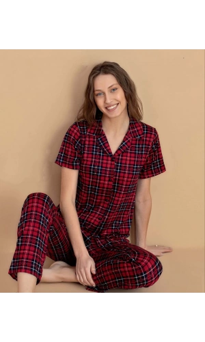 Pijamerry Milan Kumaş Gömlek Yaka Kırmızı Ekose Kadın Pijama Takımı - 5868