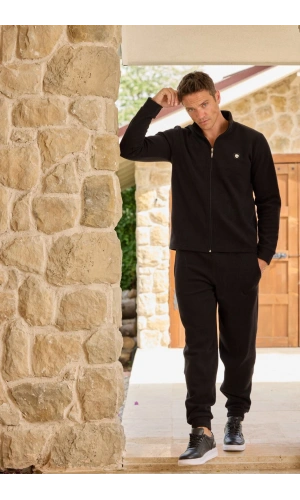 Pijamoni Erkek Polar Fermuarlı Siyah Pijama Takımı