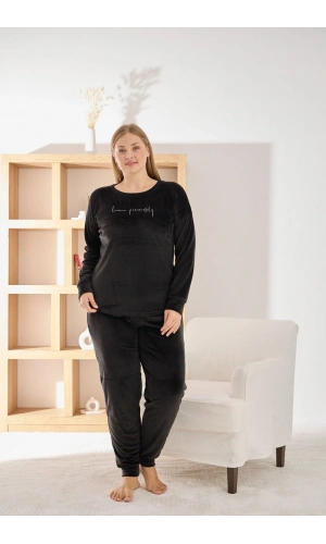 Pijamoni Kadın Yumuşak Kadife Bisiklet Yaka Koyu Siyah Pijama Takımı