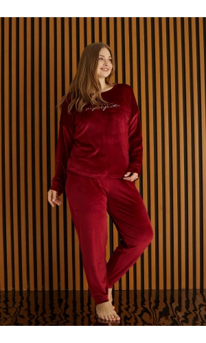 Pijamoni Battal Fransız Kadife Uzun Kollu Kadın Pijama Takımı 4220-9