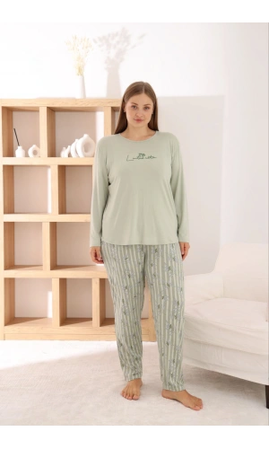 Pijamoni Kadın Büyük Beden Milan Kumaş Bisiklet Yaka Fıstık Yeşili Pijama Takımı