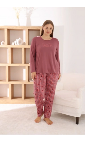 Pijamoni Kadın Büyük Beden Milan Kumaş Bisiklet Yaka Gül Kurusu Pijama Takımı