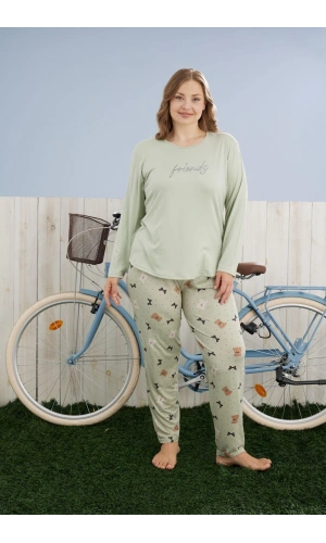 Pijamoni Kadın Büyük Beden Milan Kumaş Bisiklet Yaka Su Yeşili Pijama Takımı - 7666