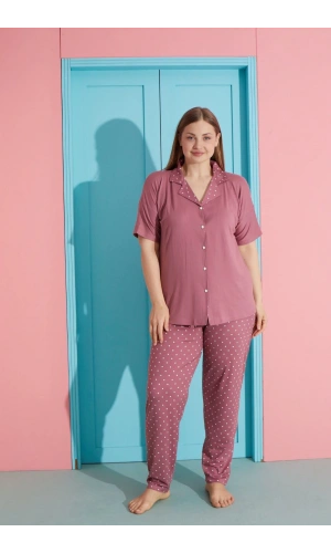 Pijamoni Büyük Beden Milan Kumaş Önü Düğmeli D. Gül Kurusu Kadın Pijama Takımı-7560