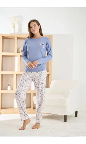 Pijamoni Kadın Berlin Kumaş Bisiklet Yaka Mavi Pijama Takımı - 8811