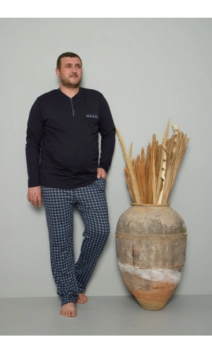 Pijamoni Erkek Büyük Beden Bisiklet Yaka Koyu Lacivert Pijama Takımı