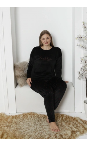 Pijamoni Kadın Büyük Beden Yumuşak Kadife K. Siyah Pijama Takımı