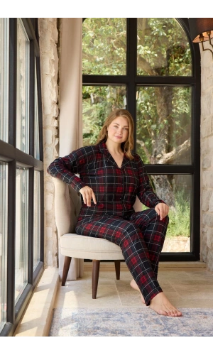 Pijamoni Büyük Beden Süet Kumaş Önü Düğmeli Kırmızı Pijama Takımı -5655