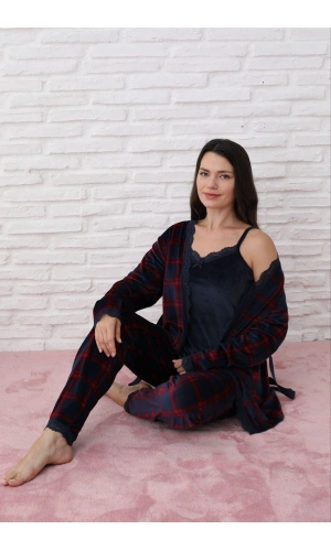 PİJAMONİ Kadın Fransız Kadife 3lü Lacivert Ekose Pijama Takımı