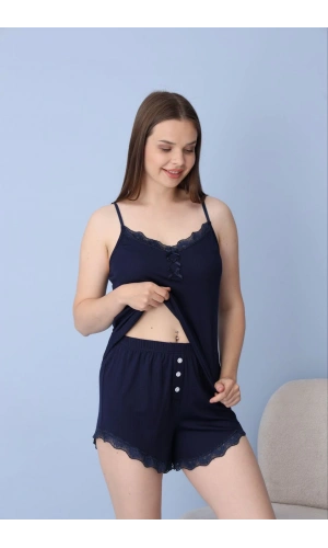 Pijamoni Dublin Kumaş Dantel Detaylı Askılı Lacivert Kadın Şort Takımı - 5350