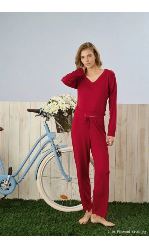 Pijamoni Dublin Kumaş Rodoplu Kırmızı Pijama Takımı - 5335