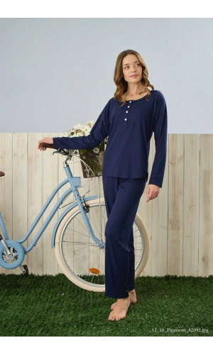 Pijamoni Dublin Kumaş Uzun Kollu Lacivert Pijama Takımı - 5315
