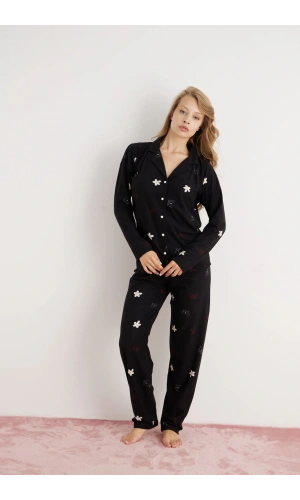 PİJAMONİ Kadın Önden Düğmeli Uzun Kollu Papatya Desenli Pijama Takımı