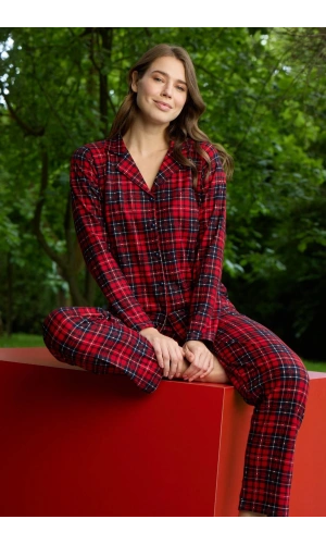 Pijamoni Kadın Ekose Desenli Önü Düğmeli Kırmızı Pijama Takımı - 5660