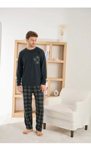 Pijamoni Erkek Uzun Kollu Kareli Cepli Kışlık Antrasit Pijama Takımı
