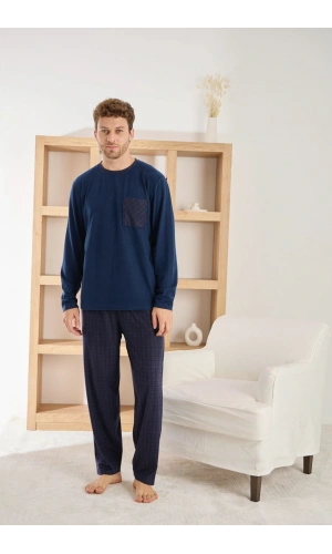 Pijamoni Erkek Uzun Kollu Kareli Cepli Kışlık Lacivert Pijama Takımı