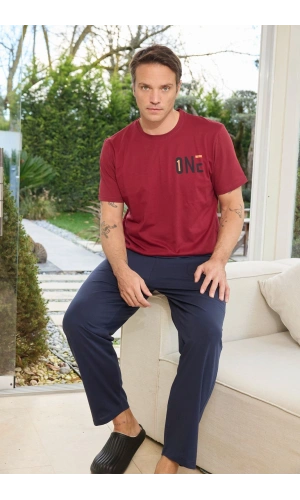 Pijamoni Bisiklet Yaka Kısa Kollu Erkek Bordo Pijama Takımı