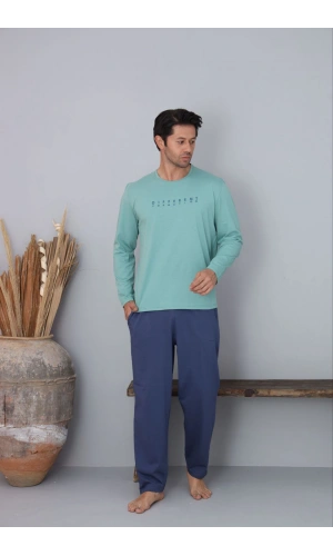 Pijamoni Erkek Bisiklet Yaka Milan Kumaş Yeşil Pijama Takımı