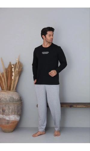 Pijamoni Erkek Bisiklet Yaka Milan Kumaş Siyah Pijama Takımı