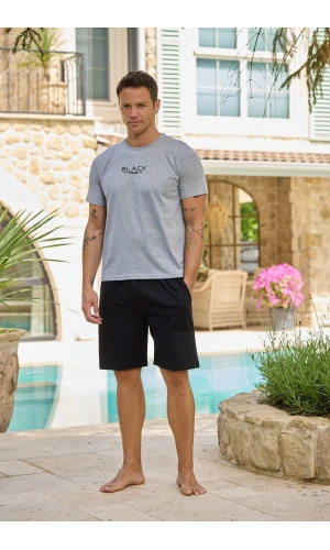 Pijamoni Kısa Kollu Şortlu Erkek Açık Gri Pijama Takımı