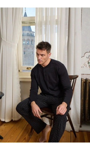 Pijamoni Erkek Penye Kumaş Düğmeli Yaka Siyah Pijama Takımı